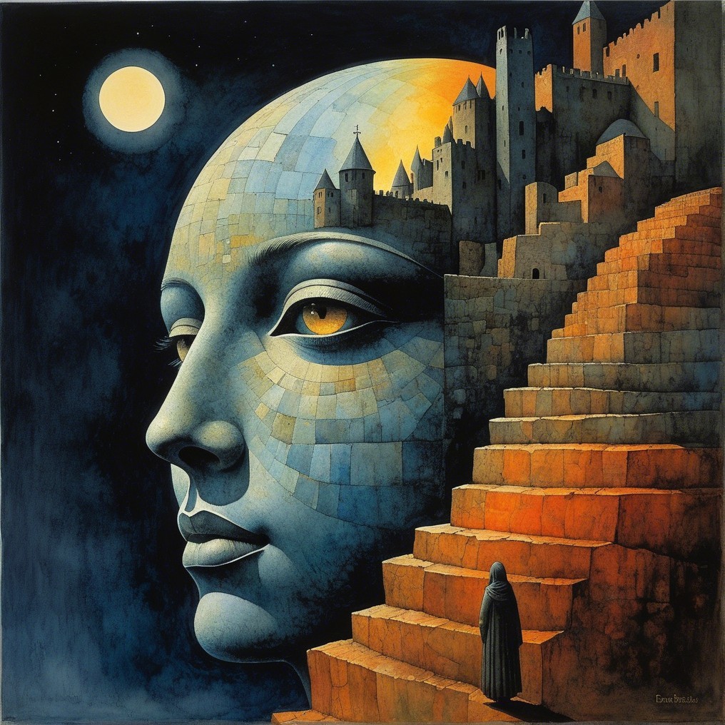 Serene Stone Face in Moonlit Landscape with Castle