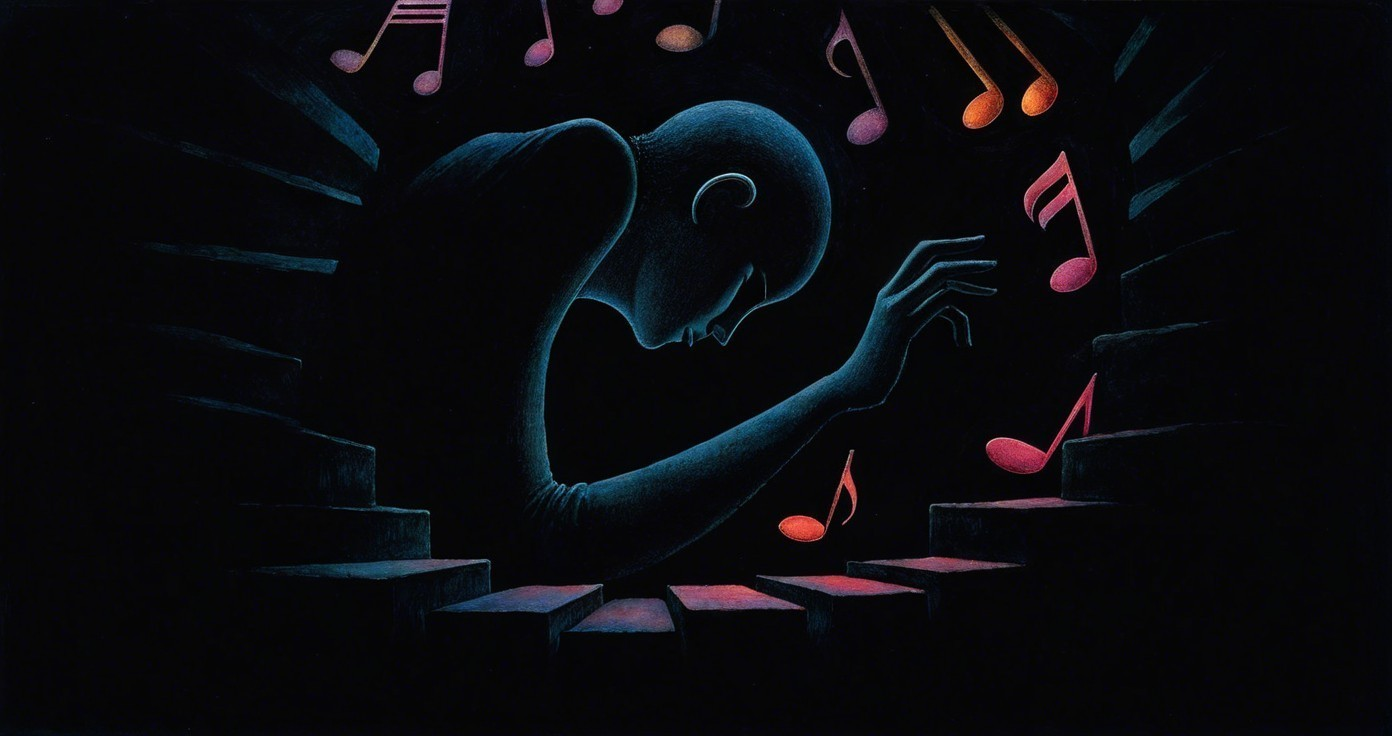 Silhouette of Introspective Figure with Music Notes