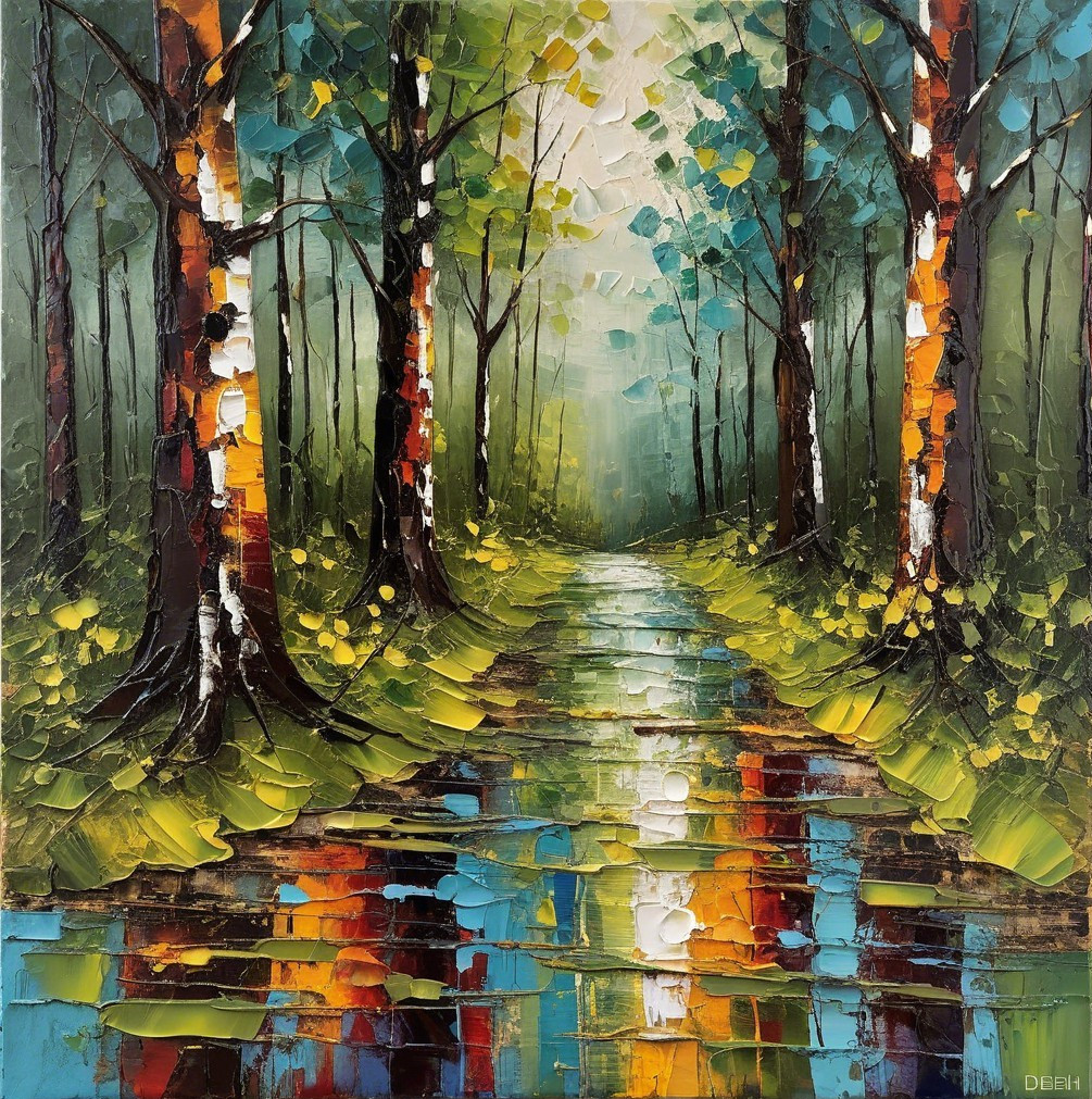 Vibrant Forest Scene with Textured Trees and Water