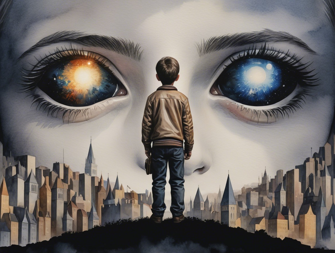 Young boy in front of giant cosmic face and skyline