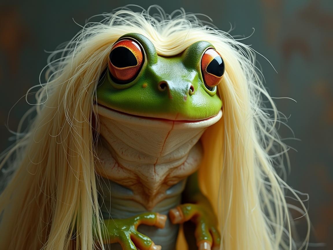 Whimsical Green Frog with Blonde Hair and Expressive Eyes