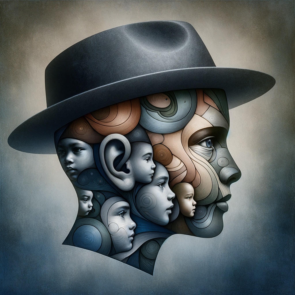 Stylized Human Head with Intricate Patterns and Faces