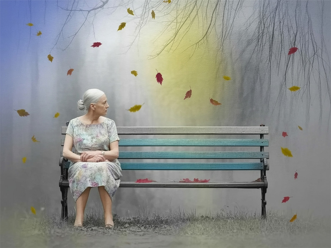 Elderly Woman on Teal Bench in Misty Autumn Park