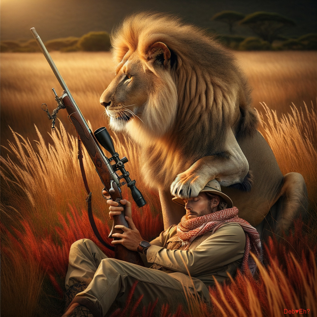 Lion on Hunter's Shoulder in Golden Grassland Scene