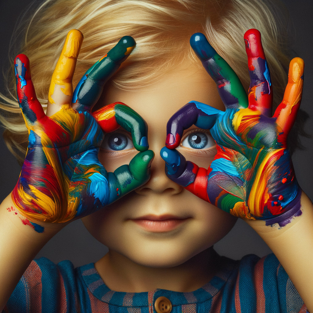 Child with Colorful Painted Hands Framing Face