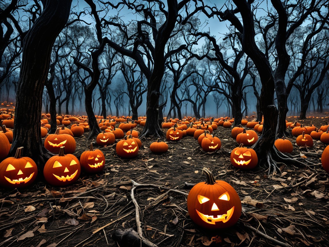 Haunting Forest Scene with Glowing Jack-o'-Lanterns