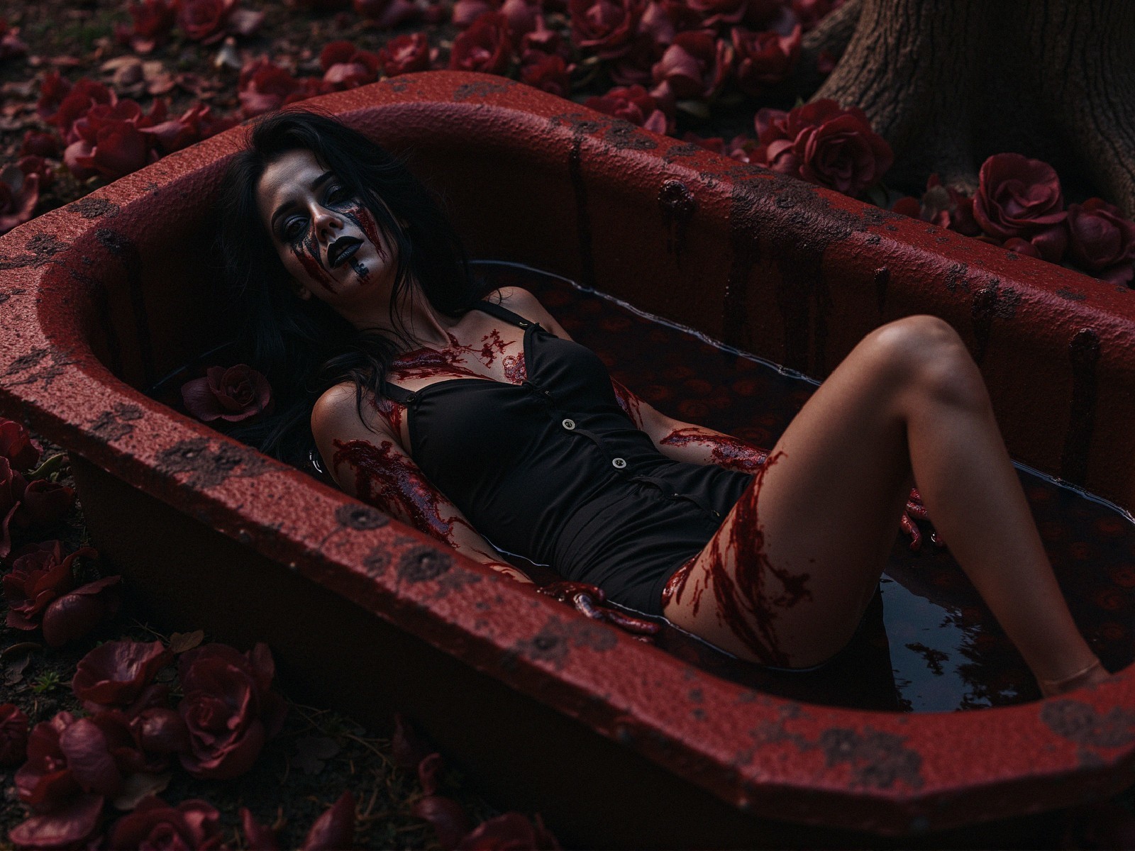 Woman in blood-red bathtub with dark roses and skull makeup