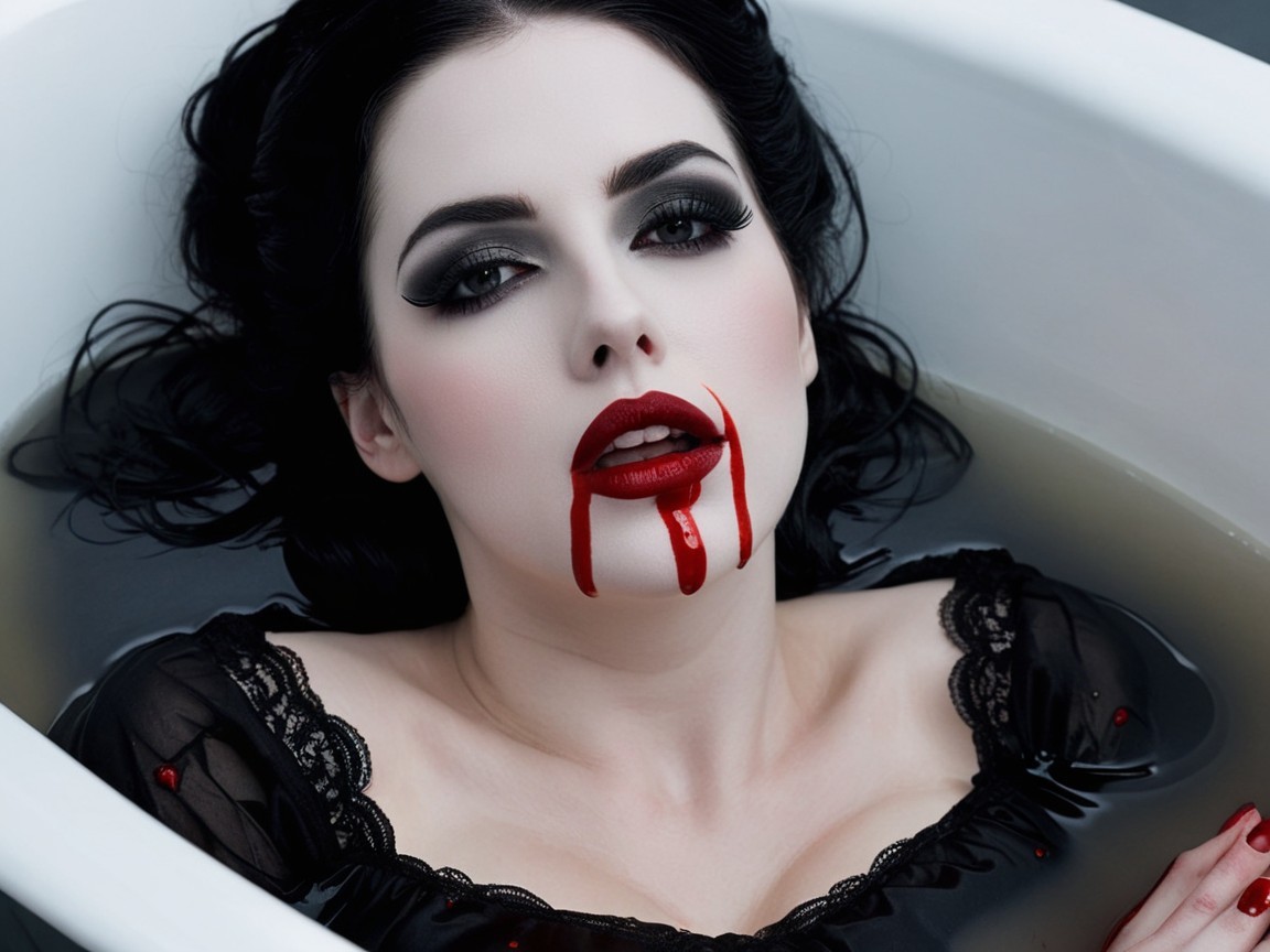 Woman in Bathtub with Murky Water and Dramatic Makeup