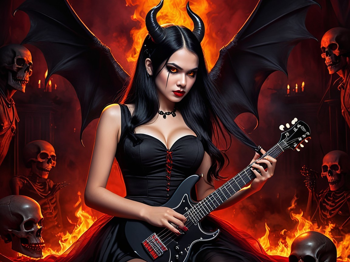 Gothic Figure in Fiery Background Playing Electric Guitar