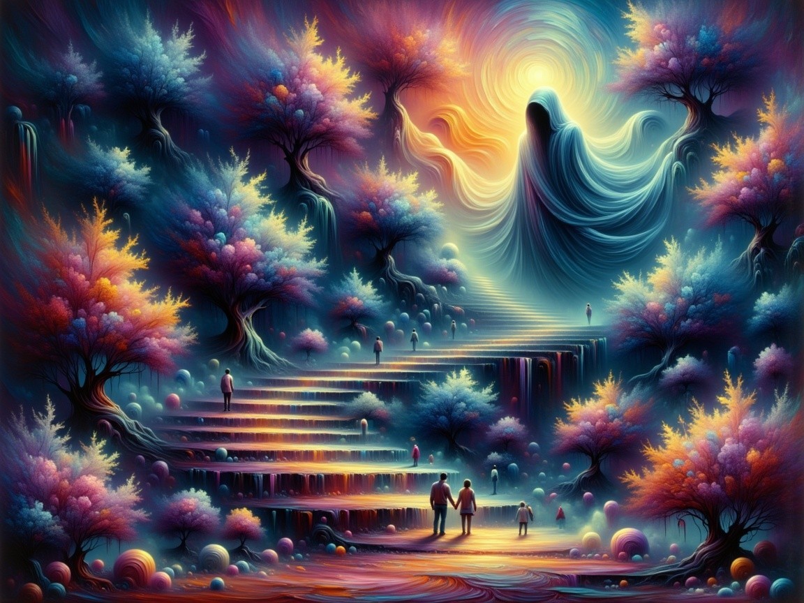 Dreamlike Landscape with Ethereal Colors and Figures