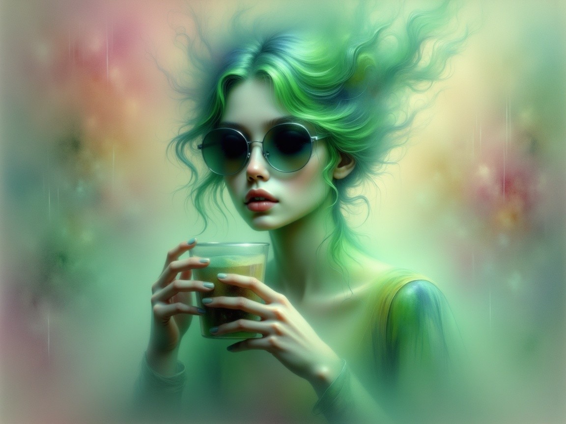 Surreal Portrait of a Young Woman with Green Hair