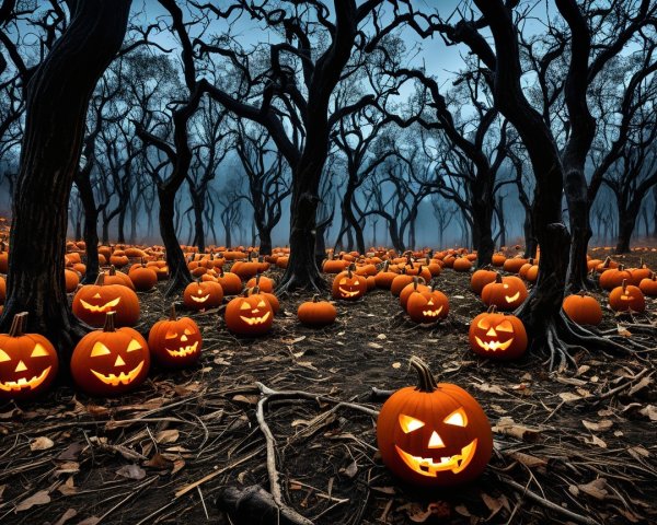 Haunting Forest Scene with Glowing Jack-o'-Lanterns