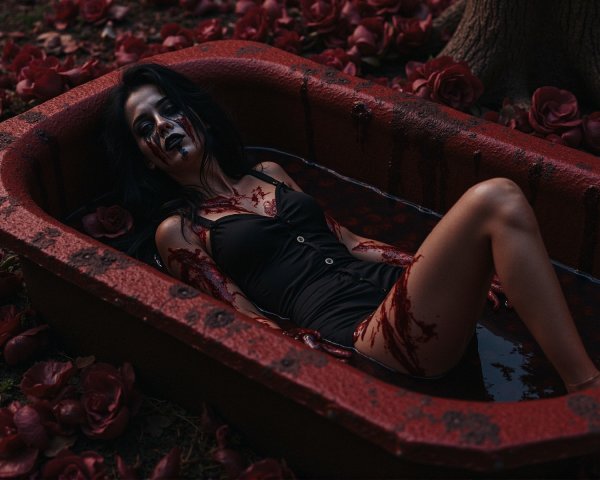 Woman in blood-red bathtub with dark roses and skull makeup