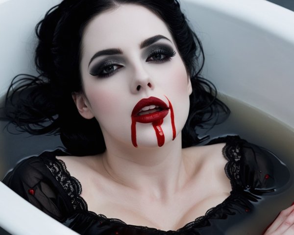 Woman in Bathtub with Murky Water and Dramatic Makeup