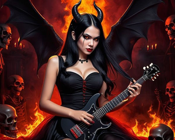 Gothic Figure in Fiery Background Playing Electric Guitar