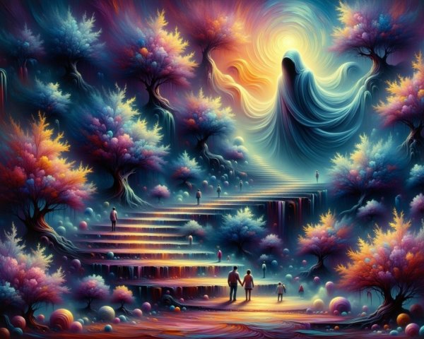 Dreamlike Landscape with Ethereal Colors and Figures