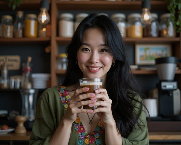 Young woman in green blouse at cozy café setting