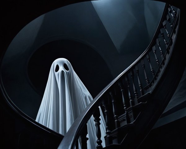 Ghostly Figure on Spiraling Staircase in Dim Light