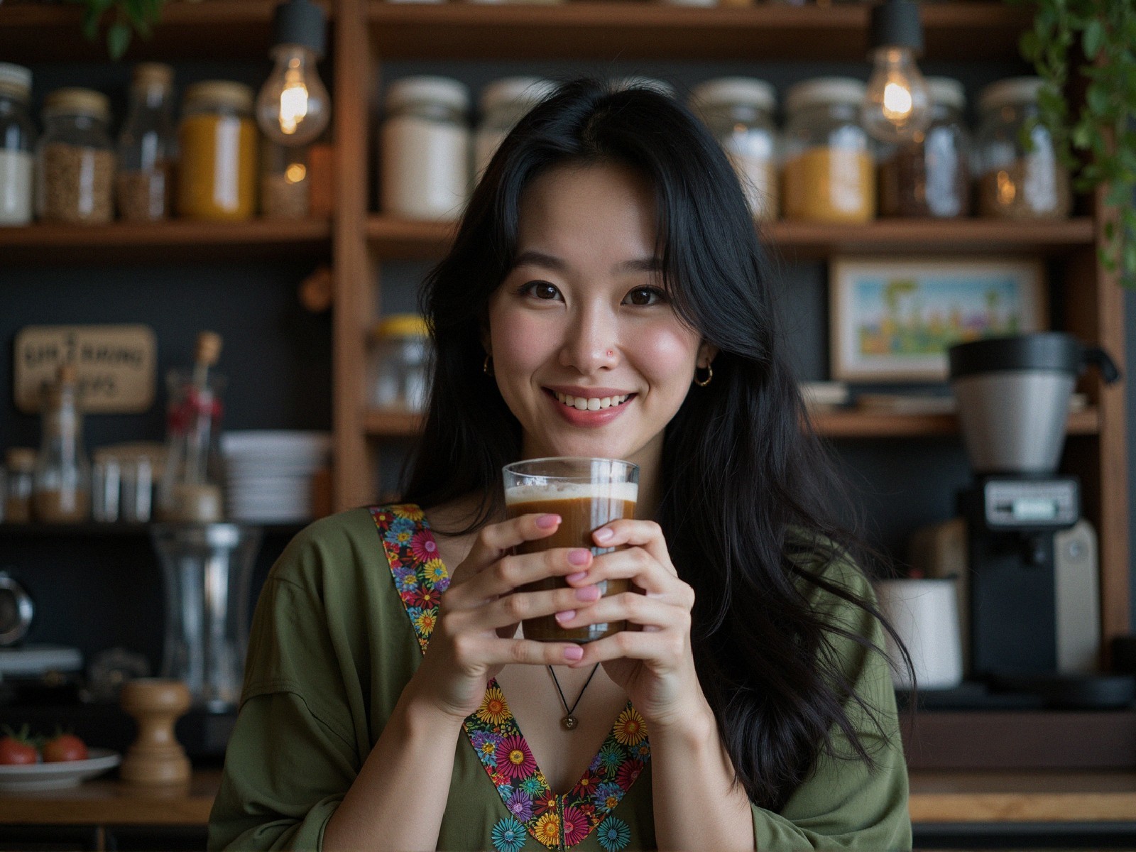 Young woman in green blouse at cozy café setting
