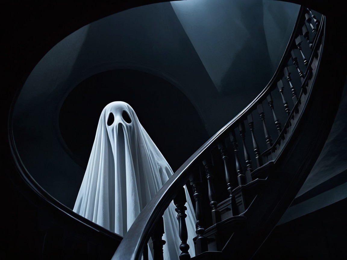 Ghostly Figure on Spiraling Staircase in Dim Light