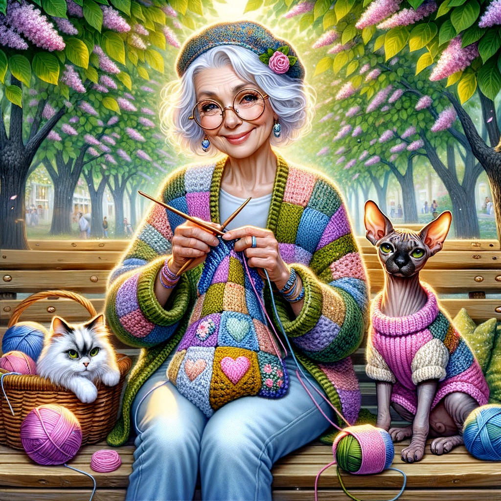 Elderly Woman Knitting in Park with Cats and Trees