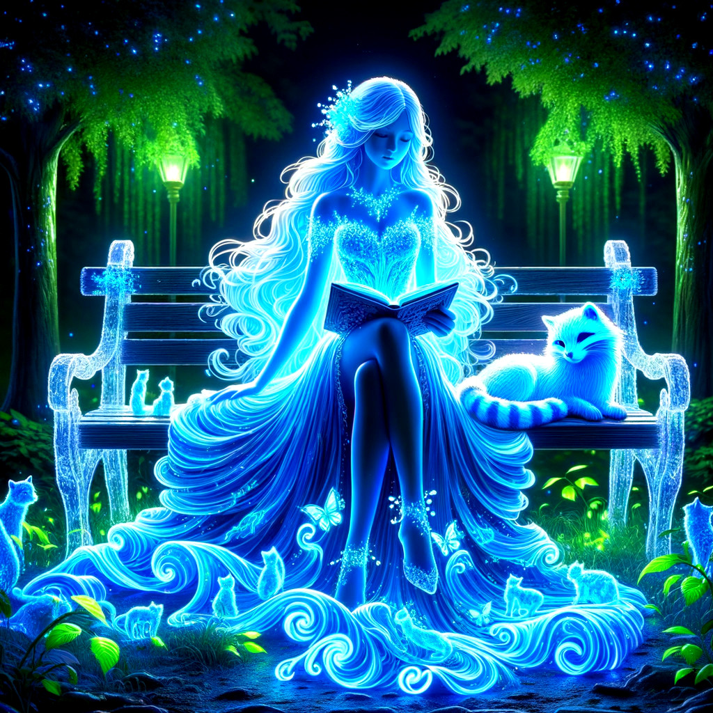 Ethereal figure reading at night on a park bench
