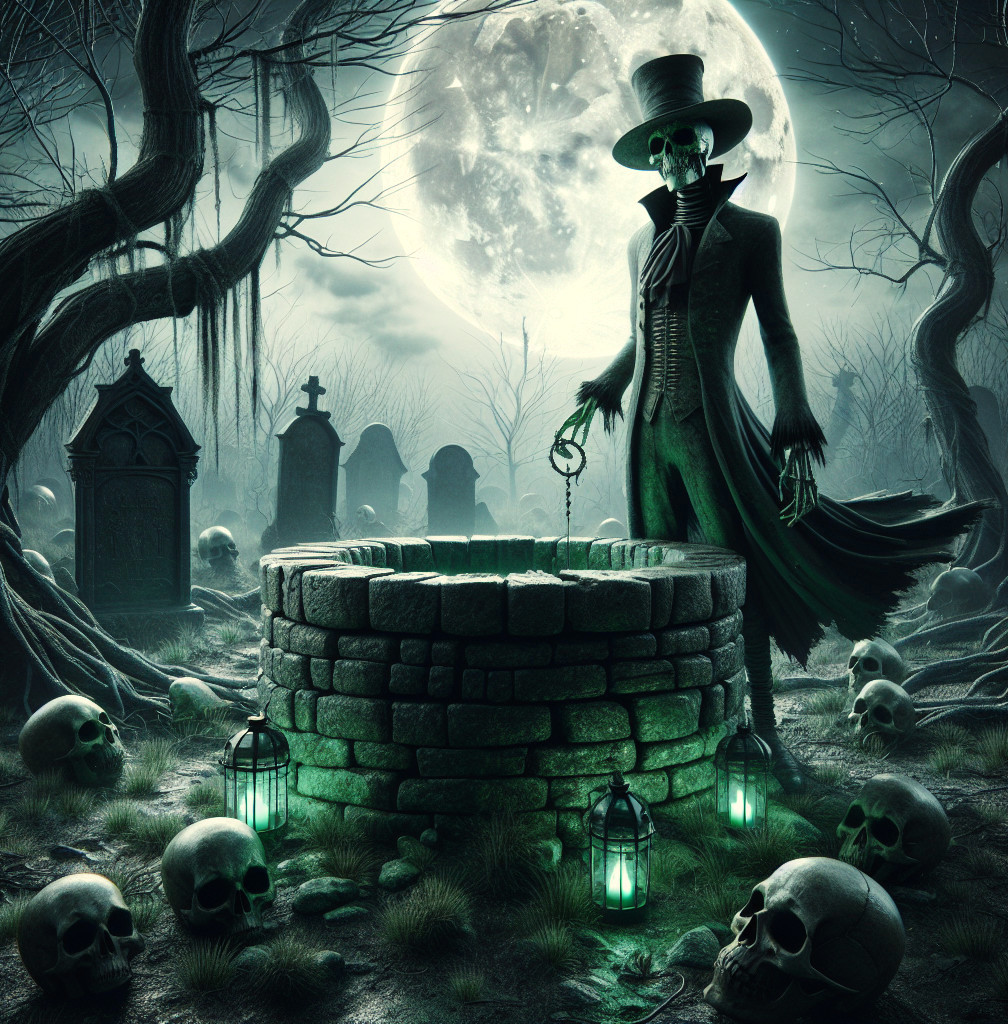 Skeletal Figure in Graveyard Under Full Moon