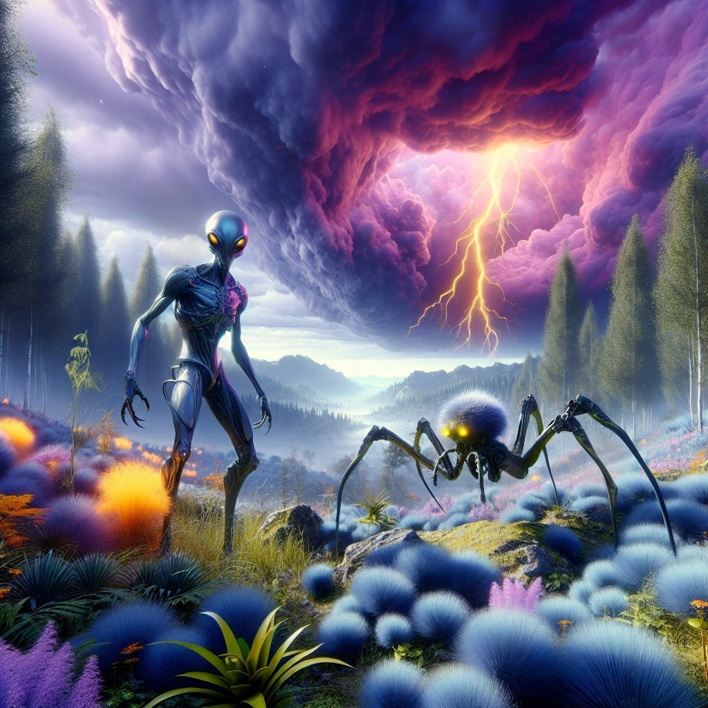 Alien Figure and Spider Creature in Surreal Landscape