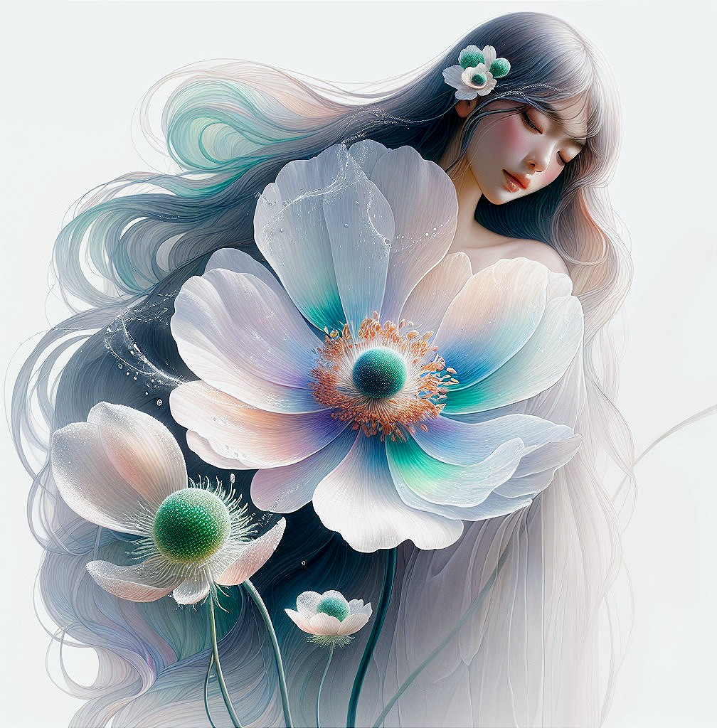 Serene Figure Merging with Ethereal Flowers in Pastels