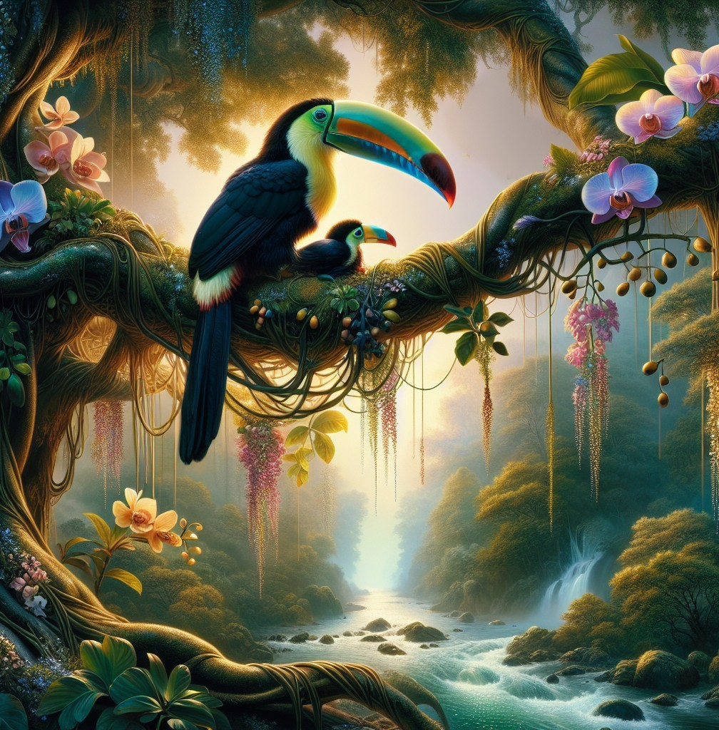 Vibrant Jungle Scene with Toucans and Orchids