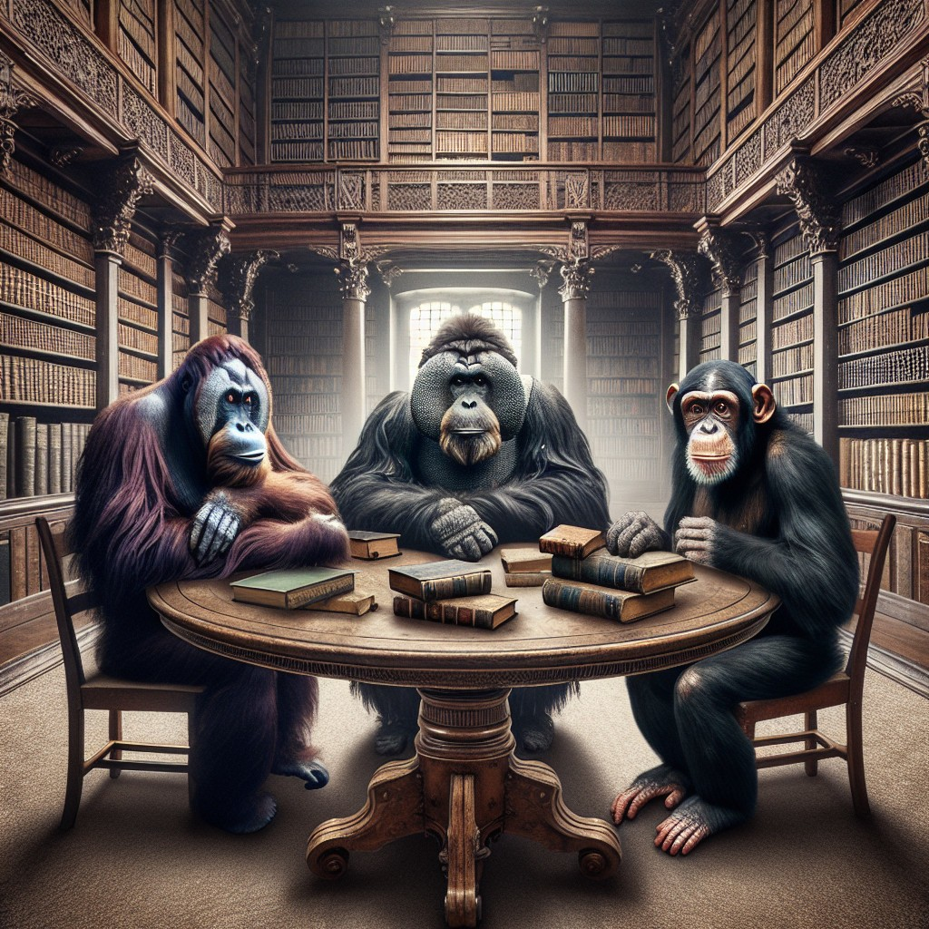 Anthropomorphic Primates Examining Vintage Books in Library