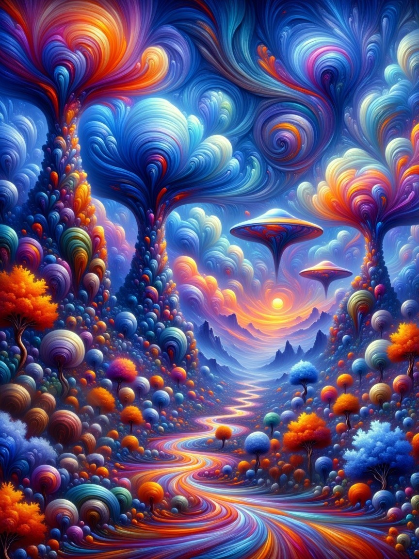 Surreal Landscape with Colorful Mountains and Trees