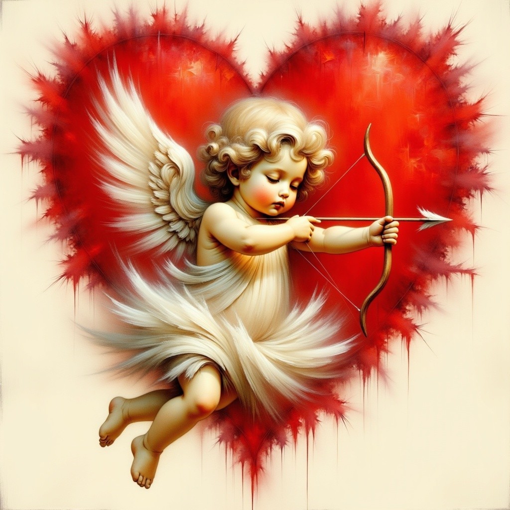 Cherubic Angel in Heart with Bow and Arrow Symbolism