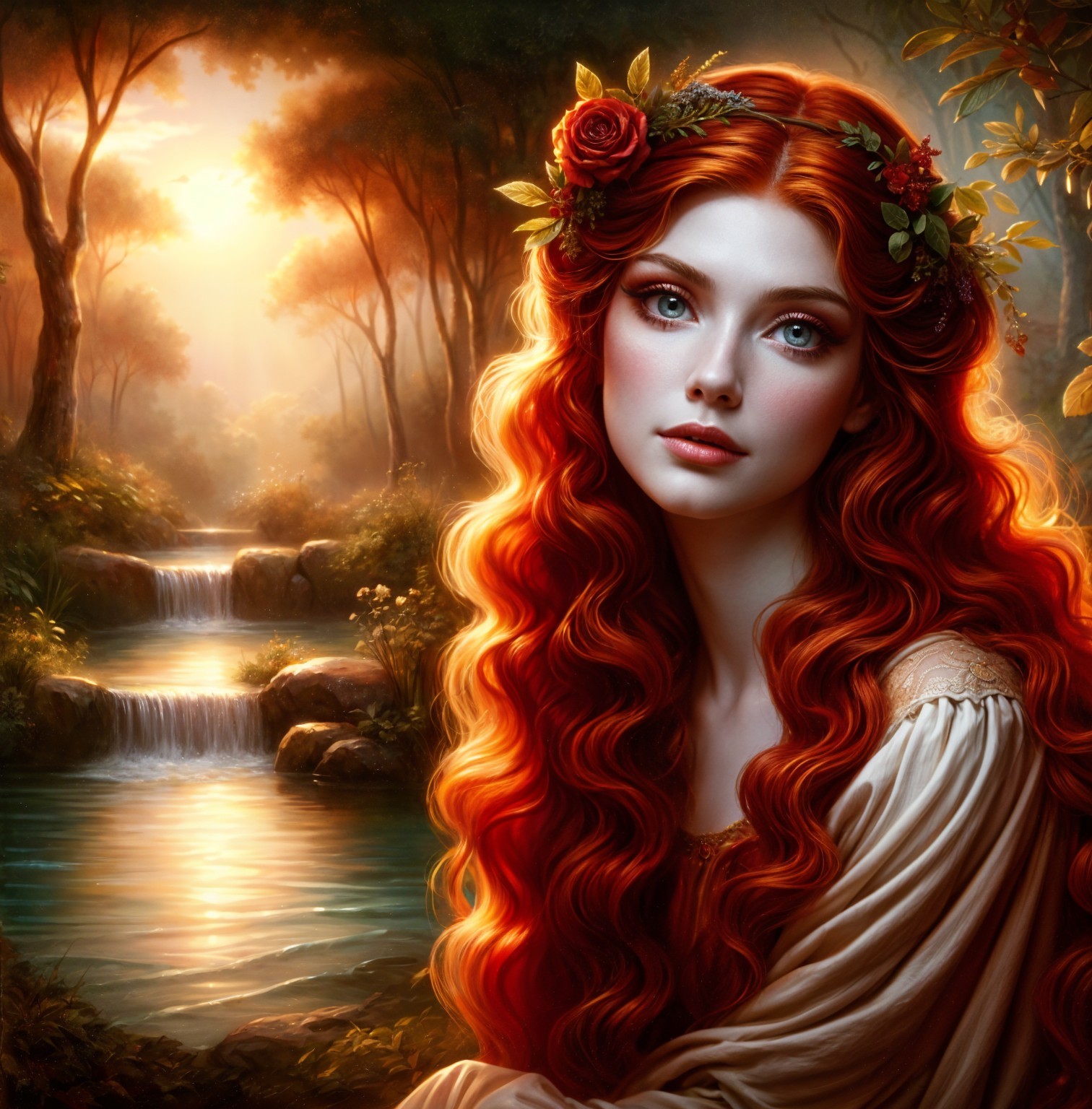 Mystical Forest Scene with Young Woman at Twilight