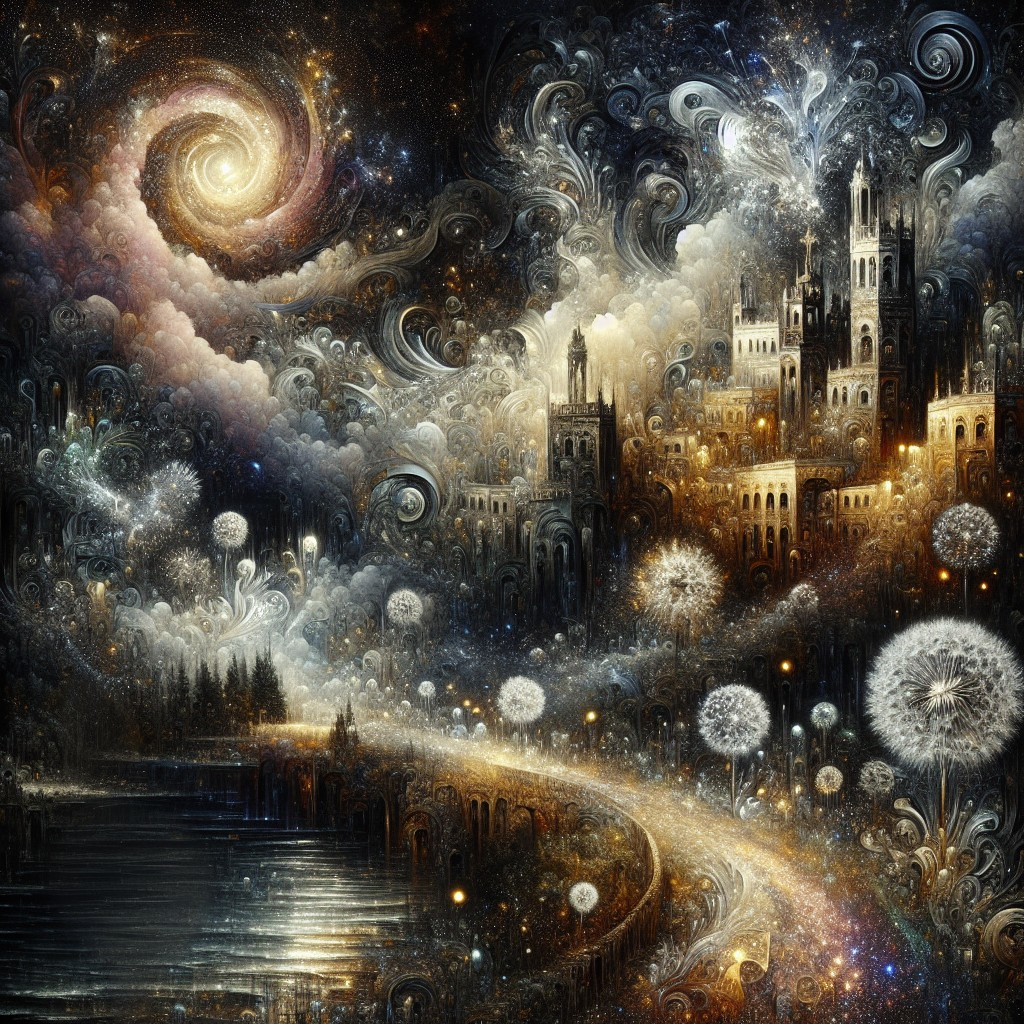 Fantastical Landscape with Cosmic Elements and Castles