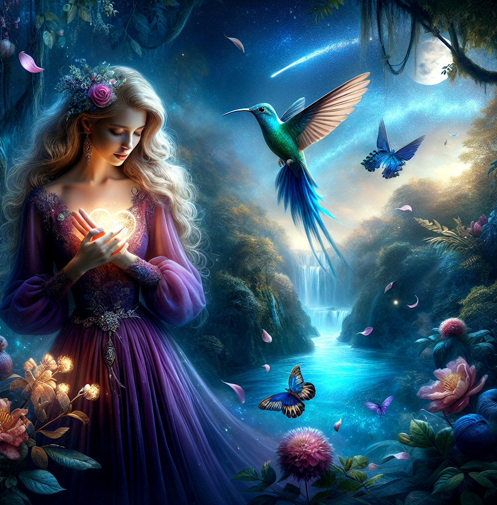 Mystical forest scene with a glowing orb and flowers