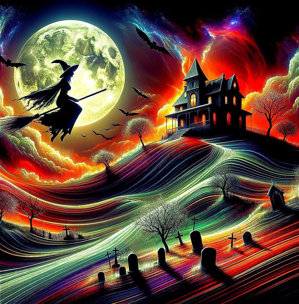Haunted House Under Full Moon with Witch and Gravestones
