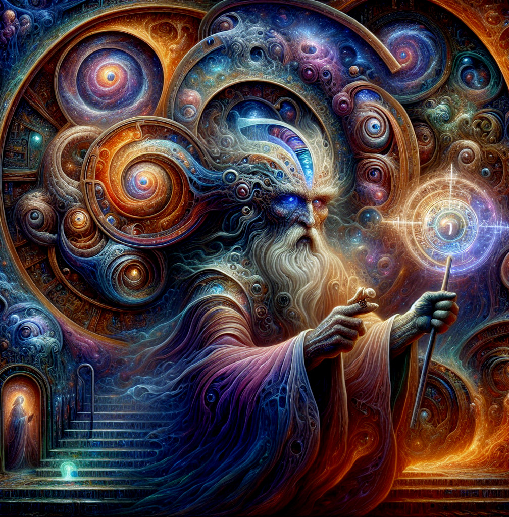 Mystical Figure in Cosmic Setting with Glowing Staff