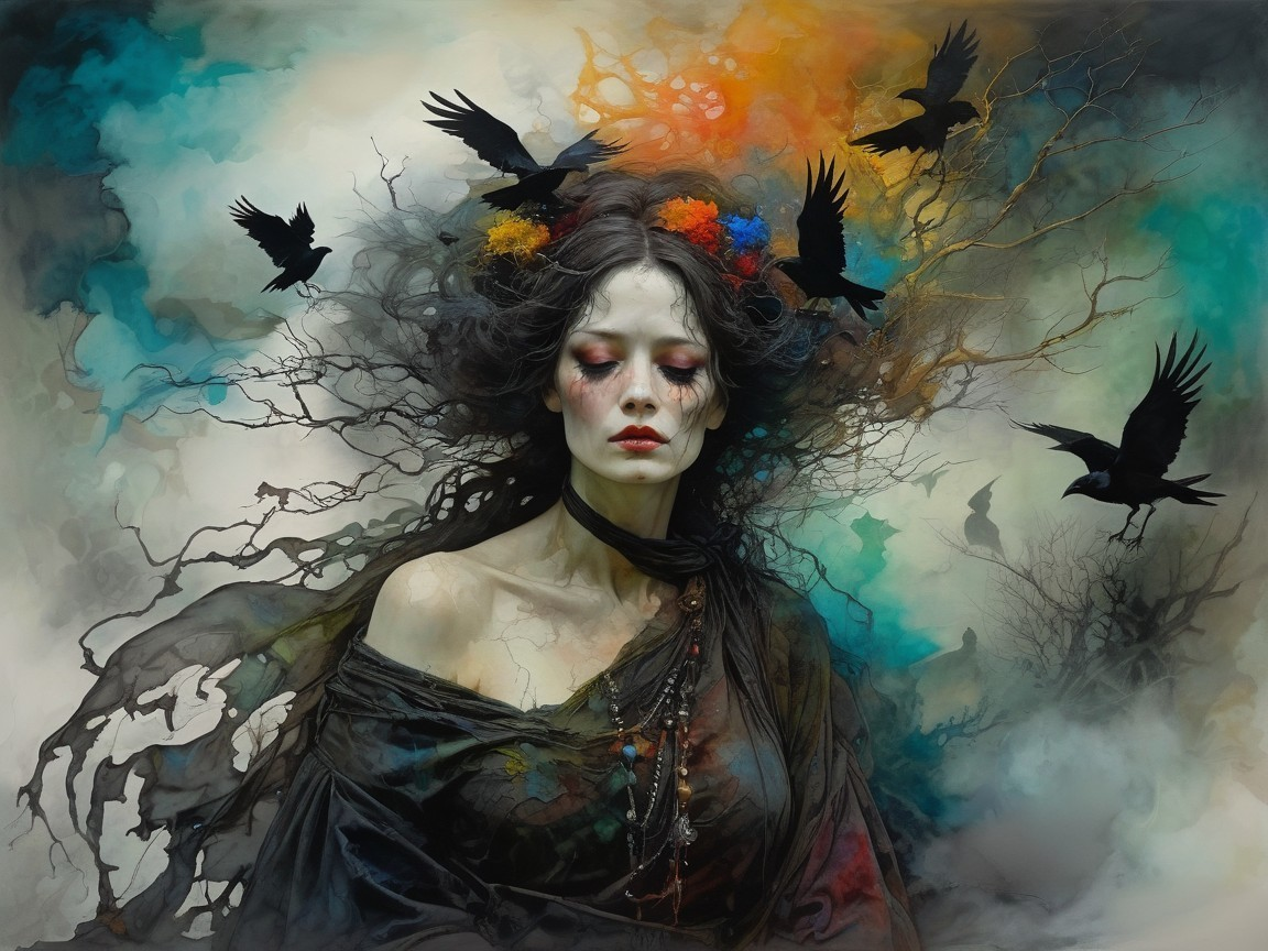 Ethereal Woman Surrounded by Crows and Colors