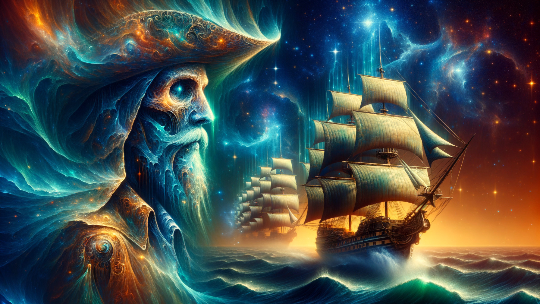 Cosmic Pirate Captain in Vibrant Celestial Scene