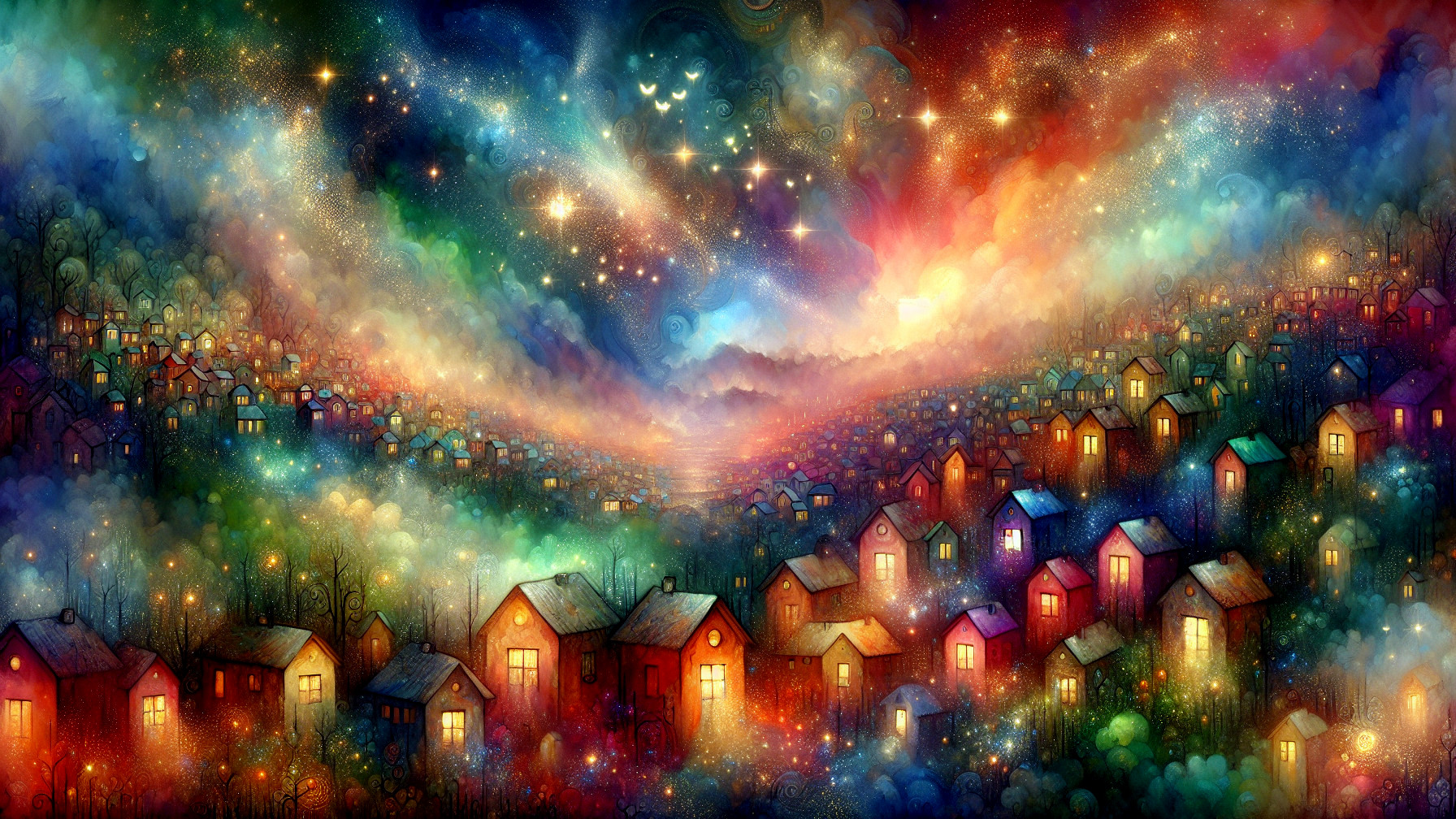 Whimsical Village Landscape Under Celestial Sky