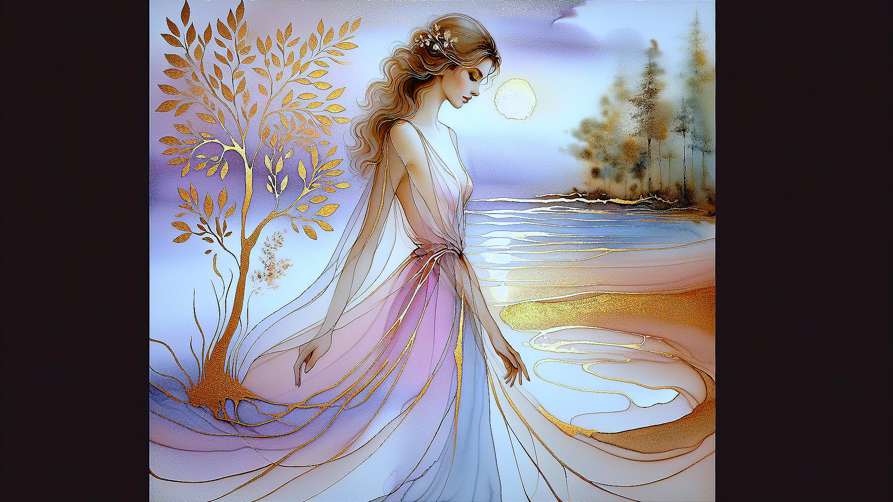 Graceful Woman by Serene Water at Sunset