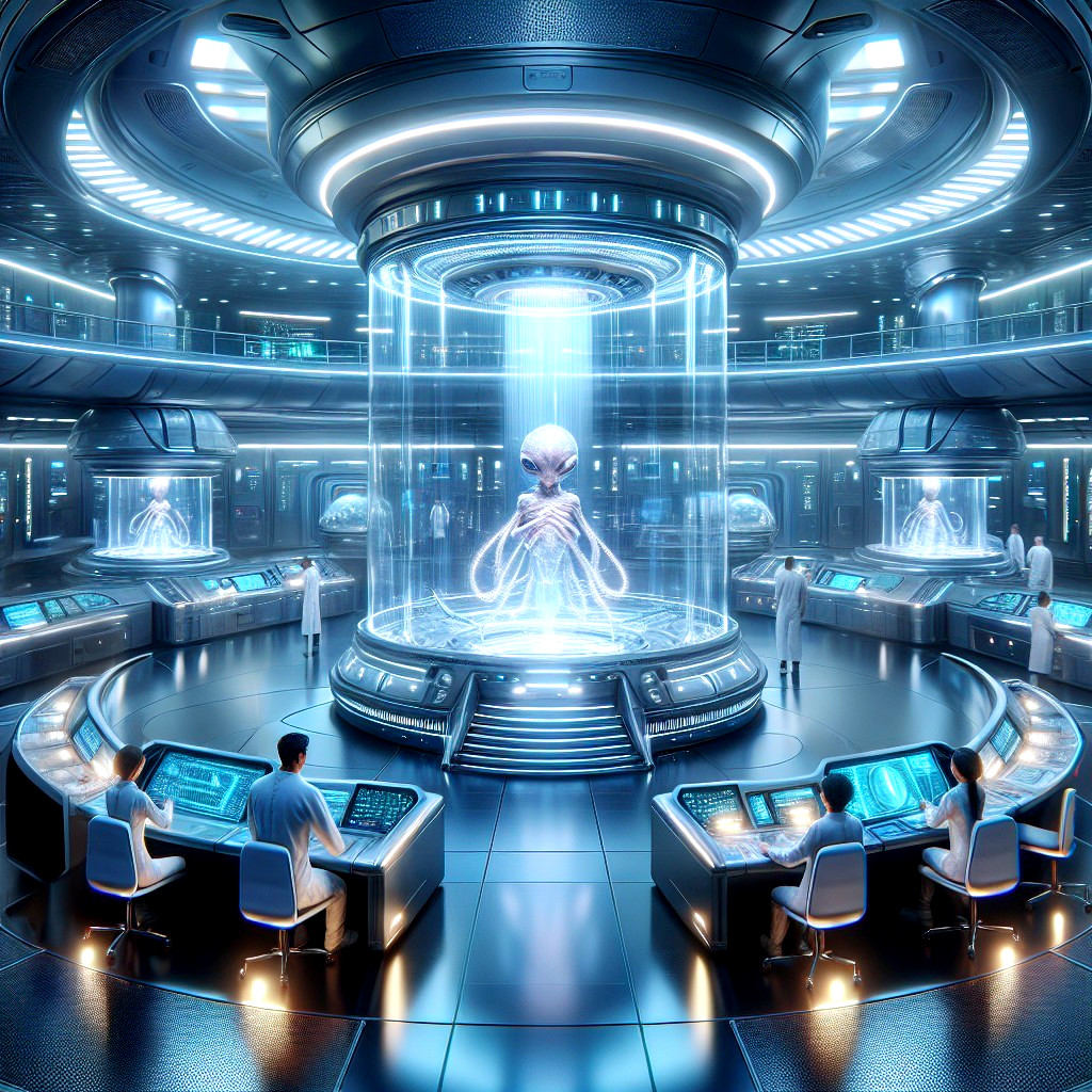 Alien Being in Transparent Chamber in Futuristic Lab