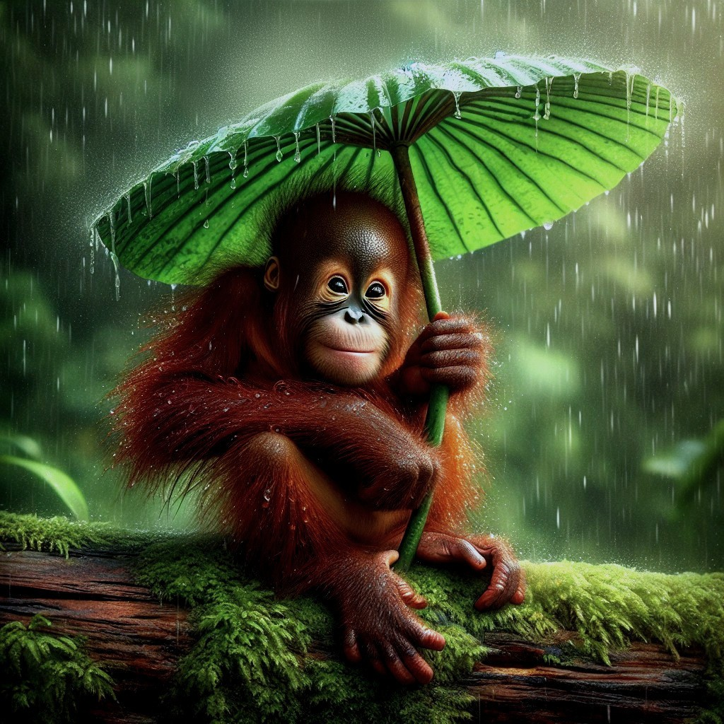 Orangutan Under Umbrella in Rainforest Scene