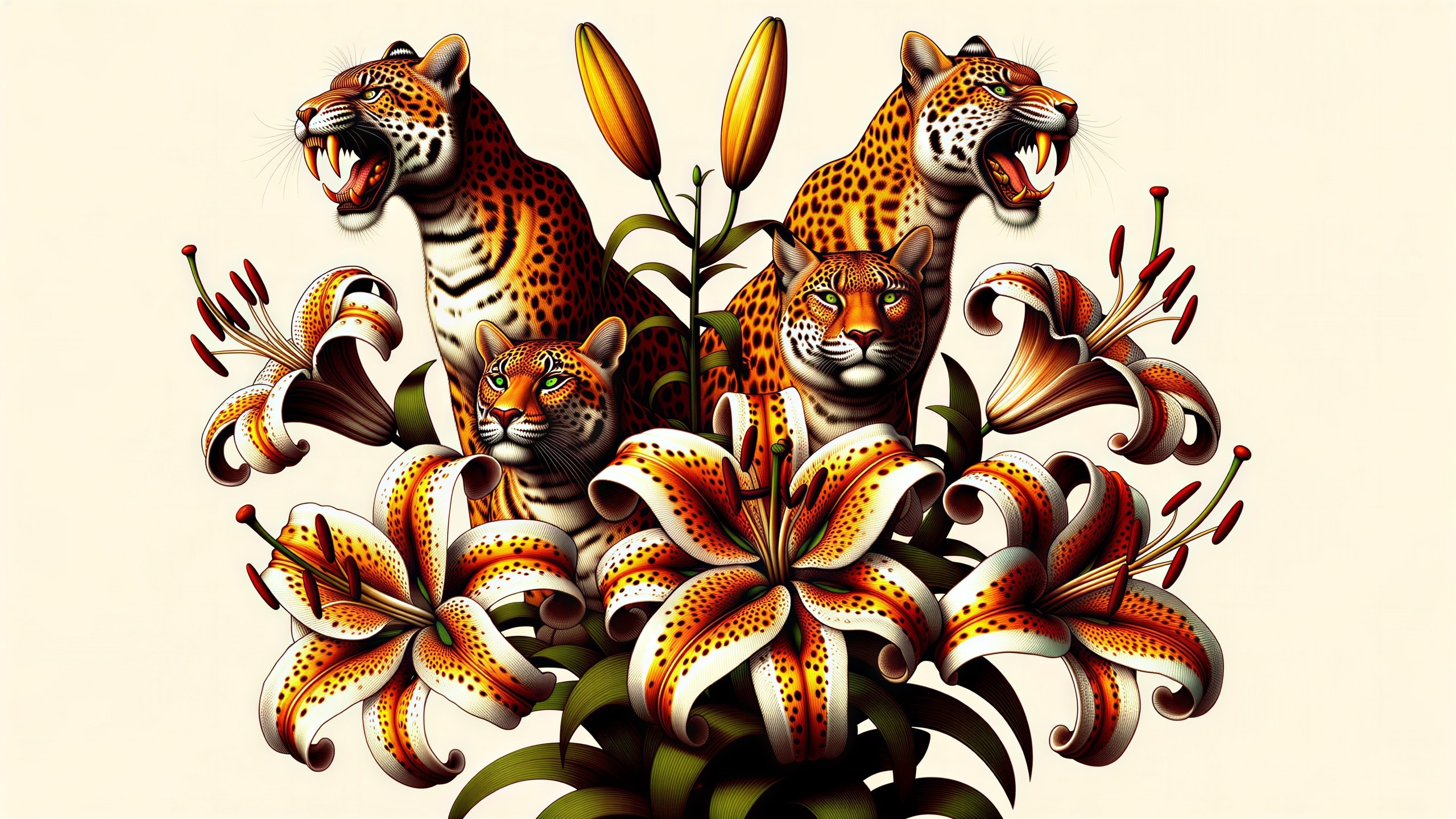 Digital Illustration of Leopards and Tiger Lilies