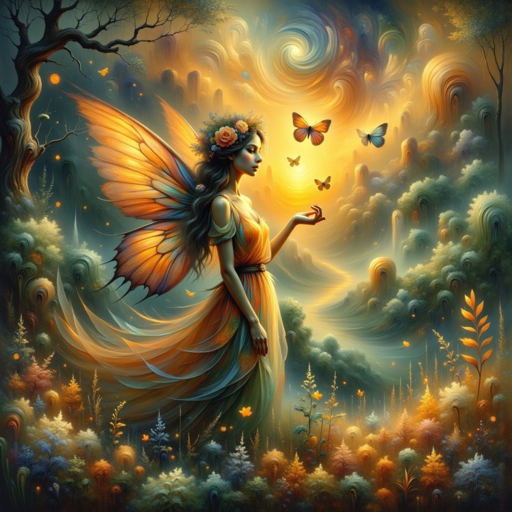 Fairy with Butterfly Wings in a Surreal Landscape