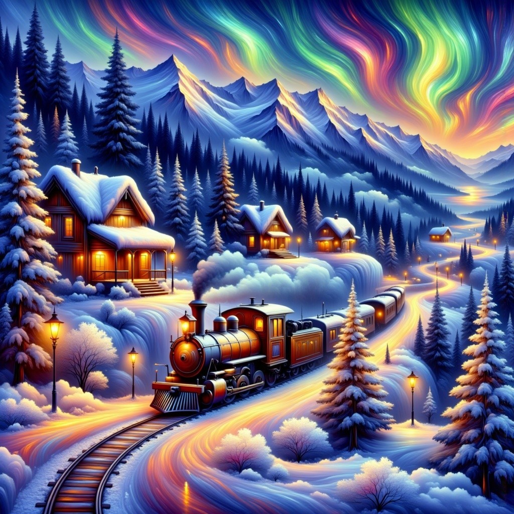Vintage Steam Train in Snowy Winter Landscape