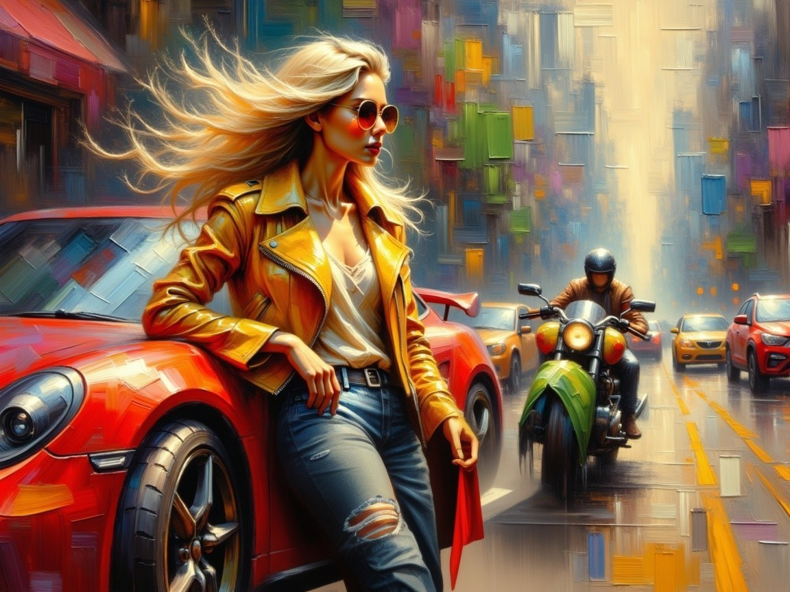 Stylish Woman by Red Sports Car in Urban Landscape