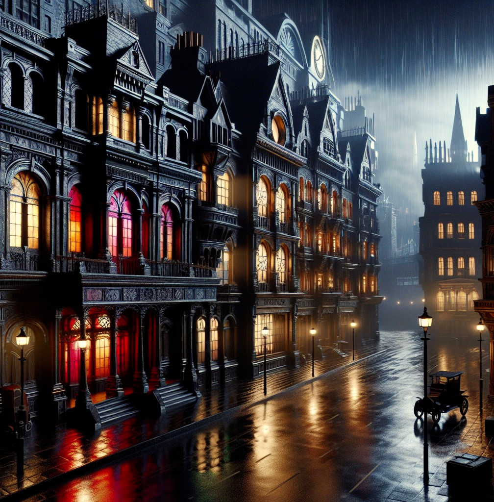 Victorian City Street with Rain and Vintage Carriage