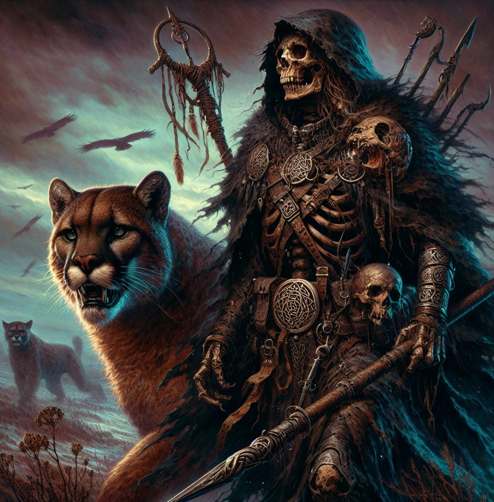 Skeletal Figure with Spear and Mountain Lion in Shadows